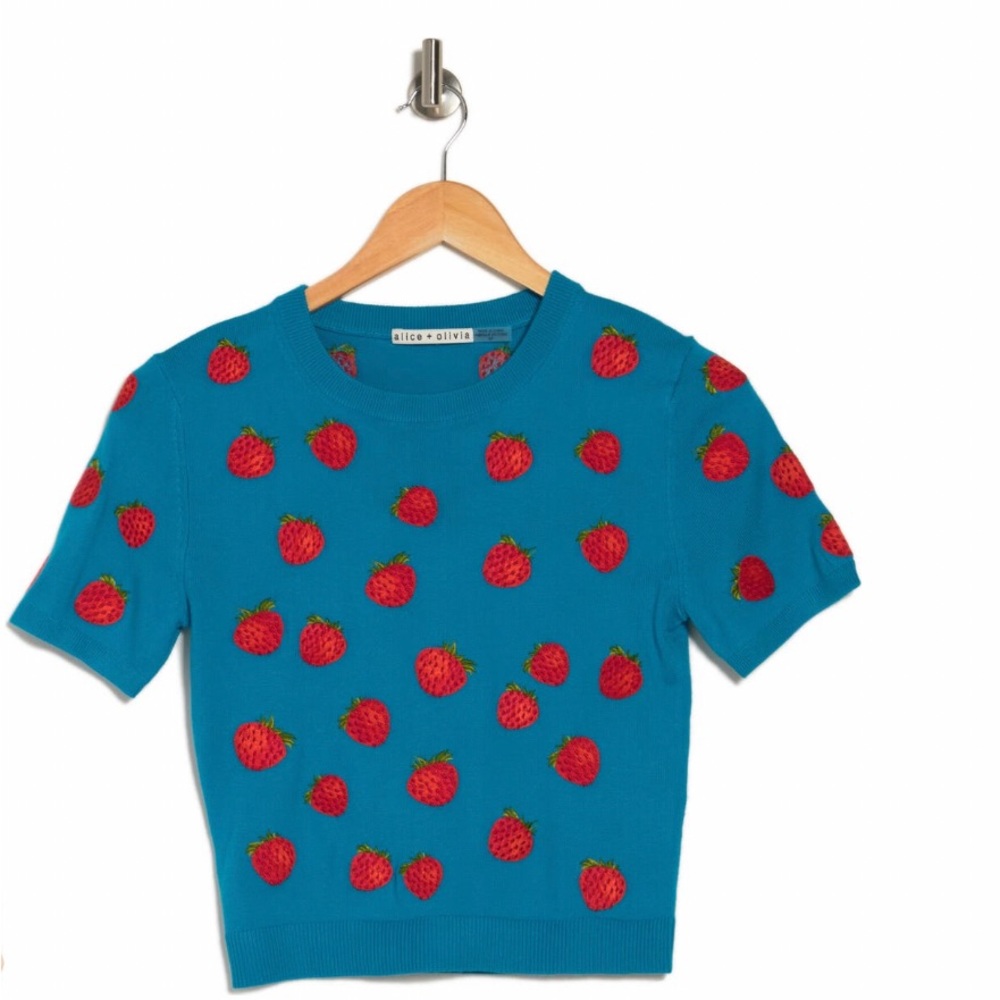 Alice + Olivia Ciara Strawberry Embroidered Cropped Pullover